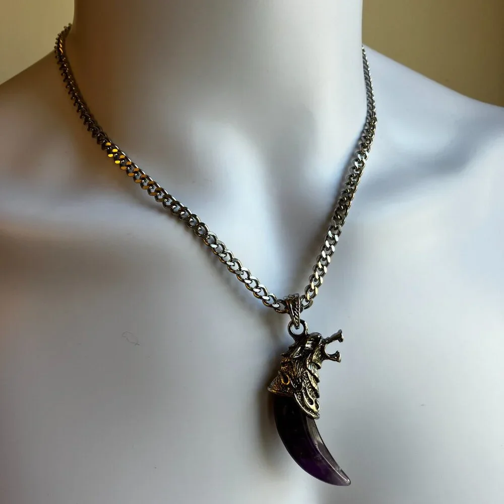 Amethyst Gemstone Tusk AND CHAIN Men's Chunky 20-inch Stainless Steel Chain